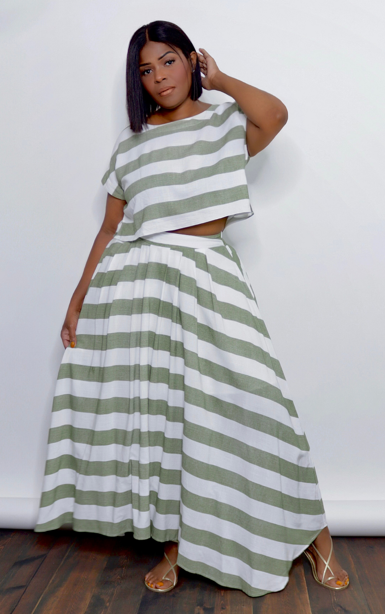 Olive Stripes Skirt Set