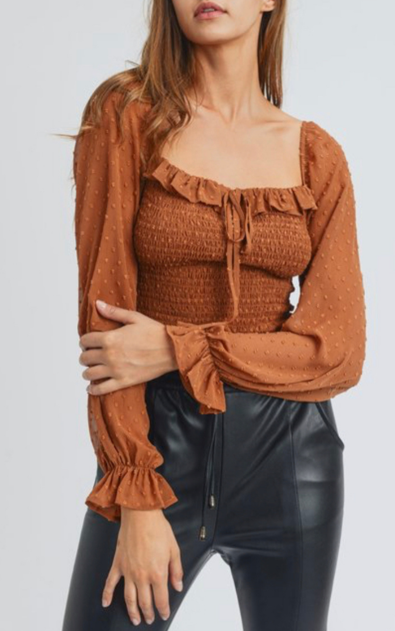 Camel Smocked Ruffled Top